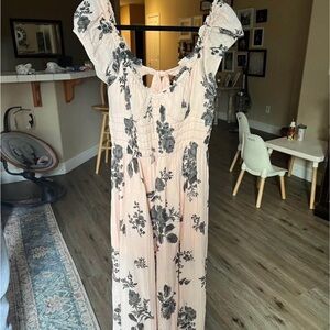 Free People Blush Pink Floral Maxi Dress with Black Floral Print